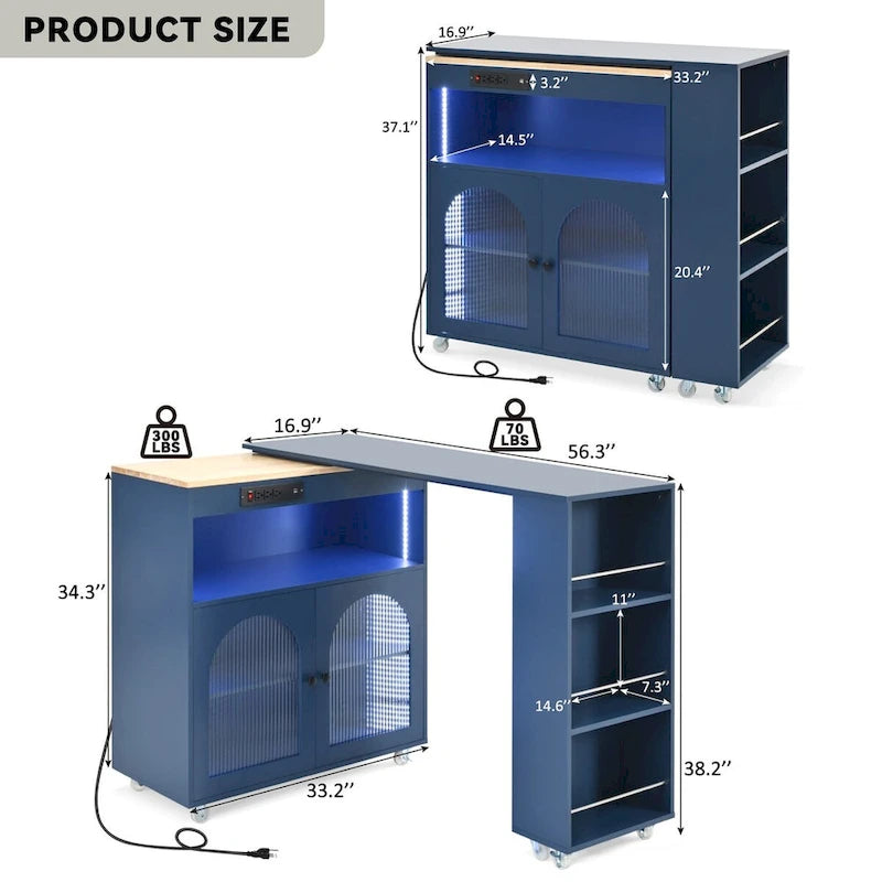 White / Navy Blue / Grey Blue Rolling Kitchen Cart with Drop-Leaf Top & LED Doors – 1 Person