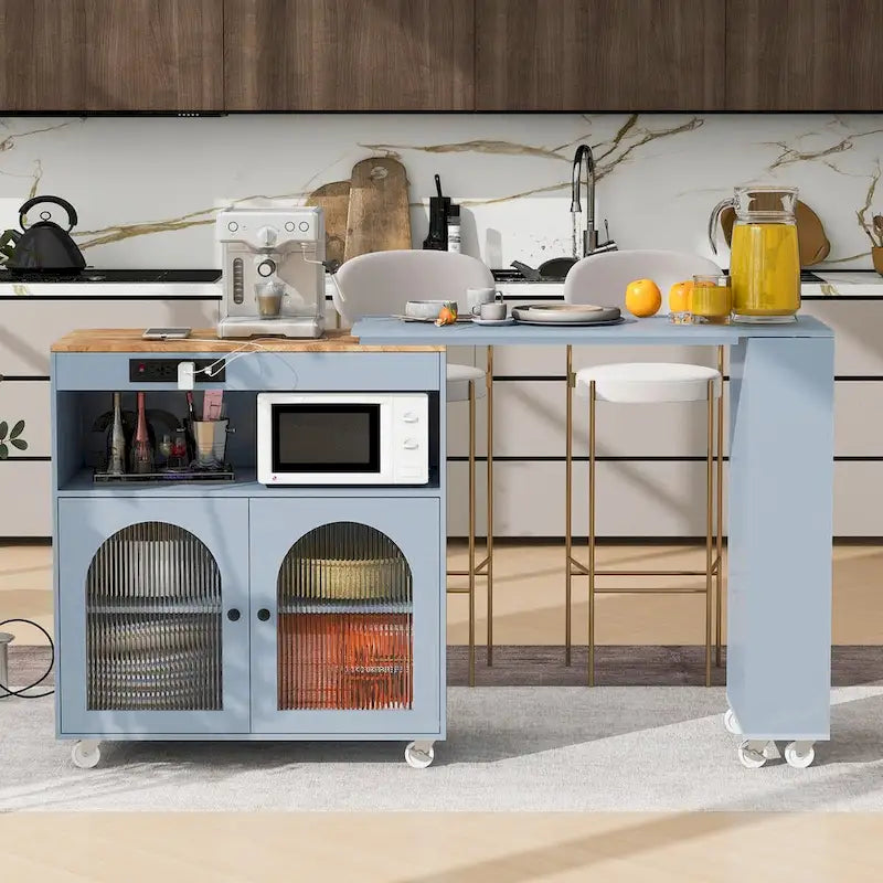 White / Navy Blue / Grey Blue Rolling Kitchen Cart with Drop-Leaf Top & LED Doors – 1 Person
