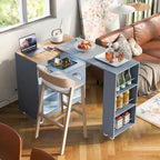 White / Navy Blue / Grey Blue Rolling Kitchen Cart with Drop-Leaf Top & LED Doors – 1 Person