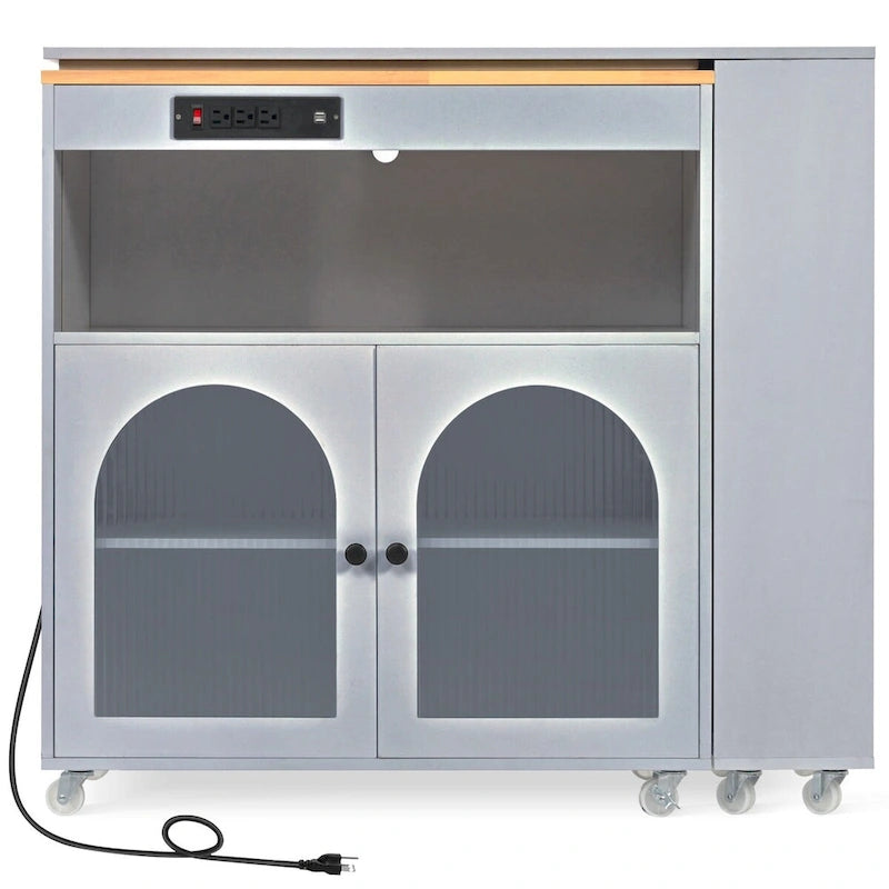 White / Navy Blue / Grey Blue Rolling Kitchen Cart with Drop-Leaf Top & LED Doors – 1 Person
