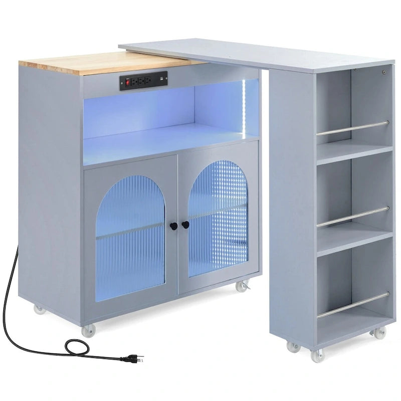 White / Navy Blue / Grey Blue Rolling Kitchen Cart with Drop-Leaf Top & LED Doors – 1 Person