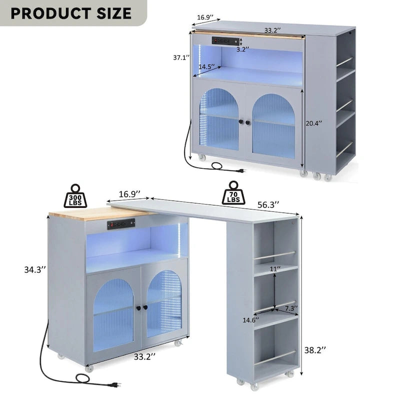 White / Navy Blue / Grey Blue Rolling Kitchen Cart with Drop-Leaf Top & LED Doors – 1 Person