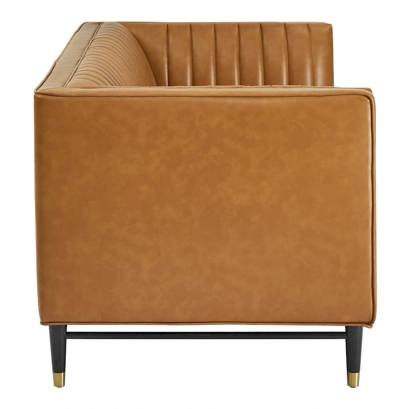 Tan Vegan Leather Channel Tufted Loveseat, 2-Seat