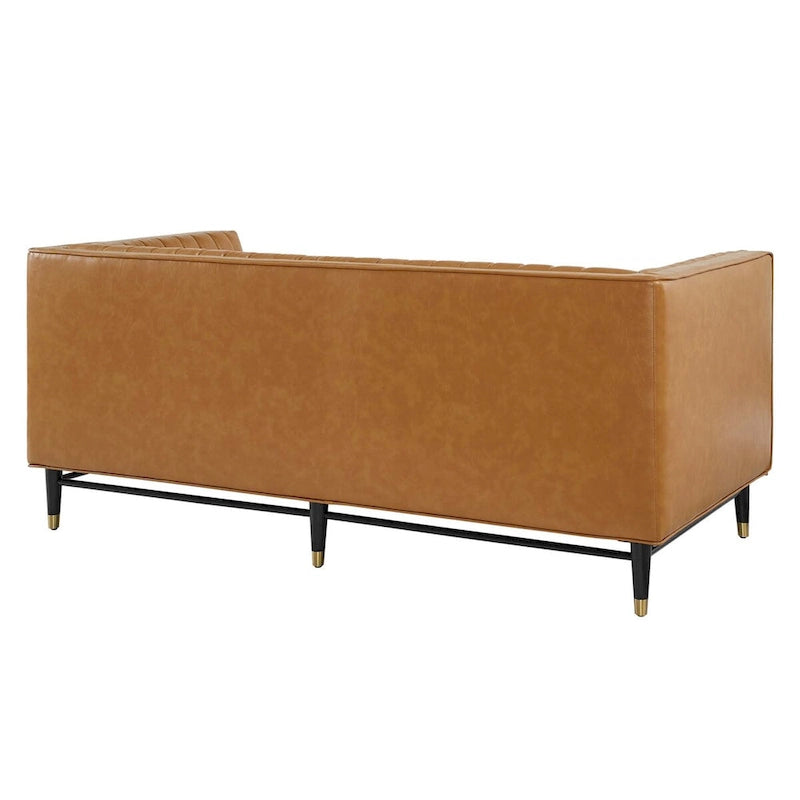 Tan Vegan Leather Channel Tufted Loveseat, 2-Seat