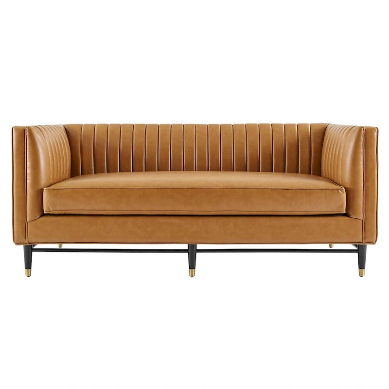 Tan Vegan Leather Channel Tufted Loveseat, 2-Seat