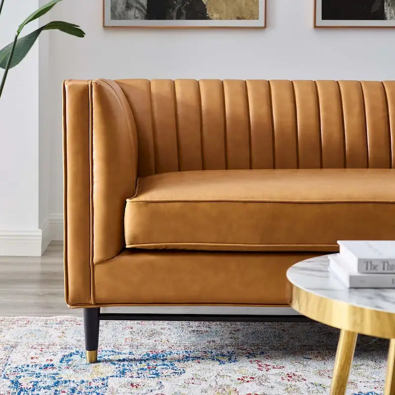 Tan Vegan Leather Channel Tufted Loveseat, 2-Seat