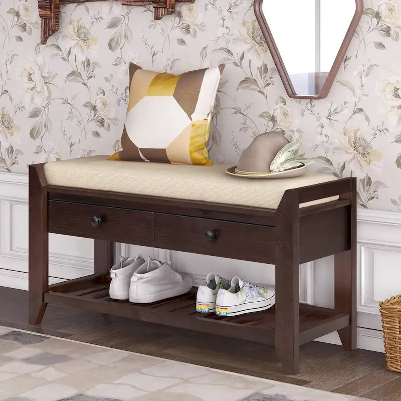 White / Navy Blue / Natural / Brown / Espresso Entryway Bench with Drawers – 2-Person
