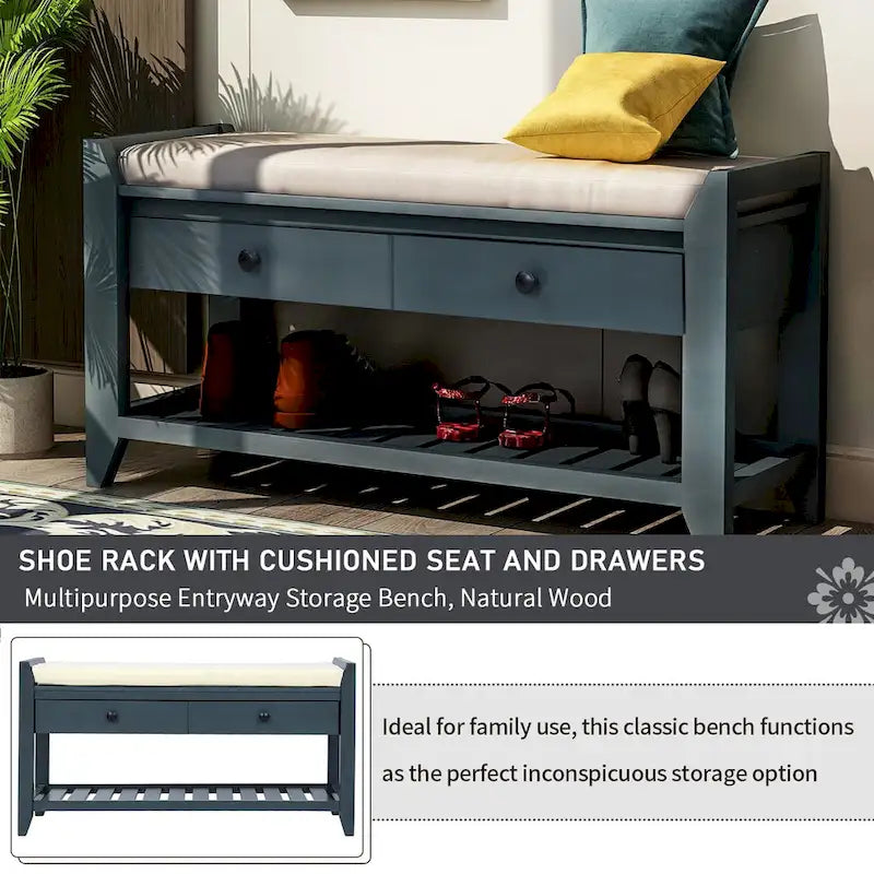 White / Navy Blue / Natural / Brown / Espresso Entryway Bench with Drawers – 2-Person