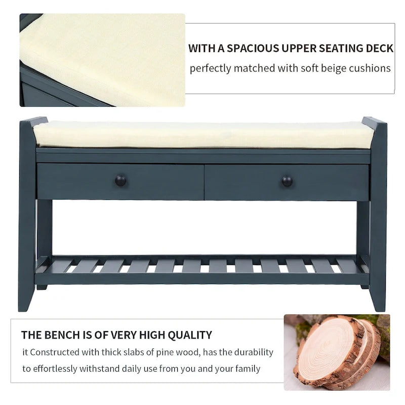 White / Navy Blue / Natural / Brown / Espresso Entryway Bench with Drawers – 2-Person