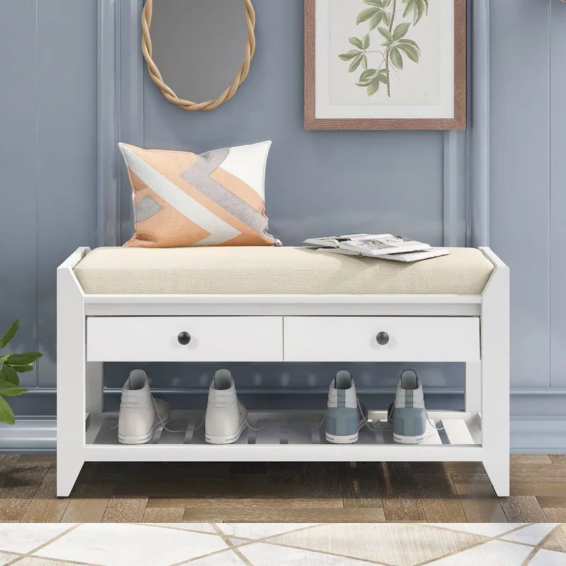 White / Navy Blue / Natural / Brown / Espresso Entryway Bench with Drawers – 2-Person