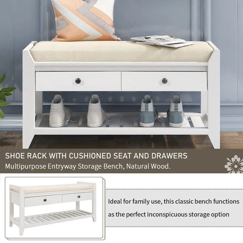 White / Navy Blue / Natural / Brown / Espresso Entryway Bench with Drawers – 2-Person