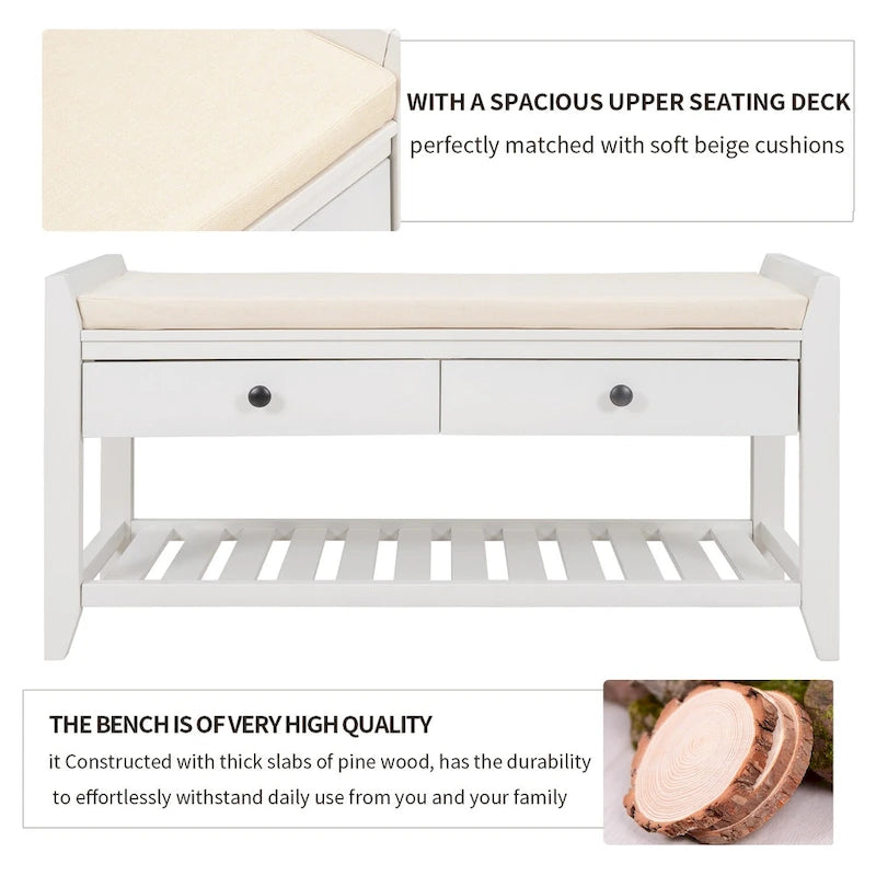 White / Navy Blue / Natural / Brown / Espresso Entryway Bench with Drawers – 2-Person