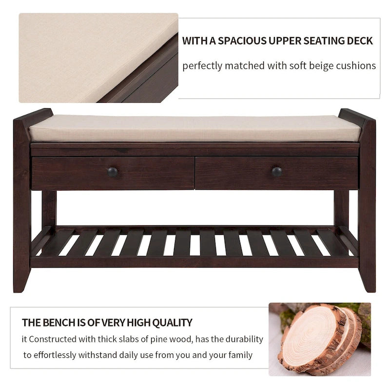 White / Navy Blue / Natural / Brown / Espresso Entryway Bench with Drawers – 2-Person