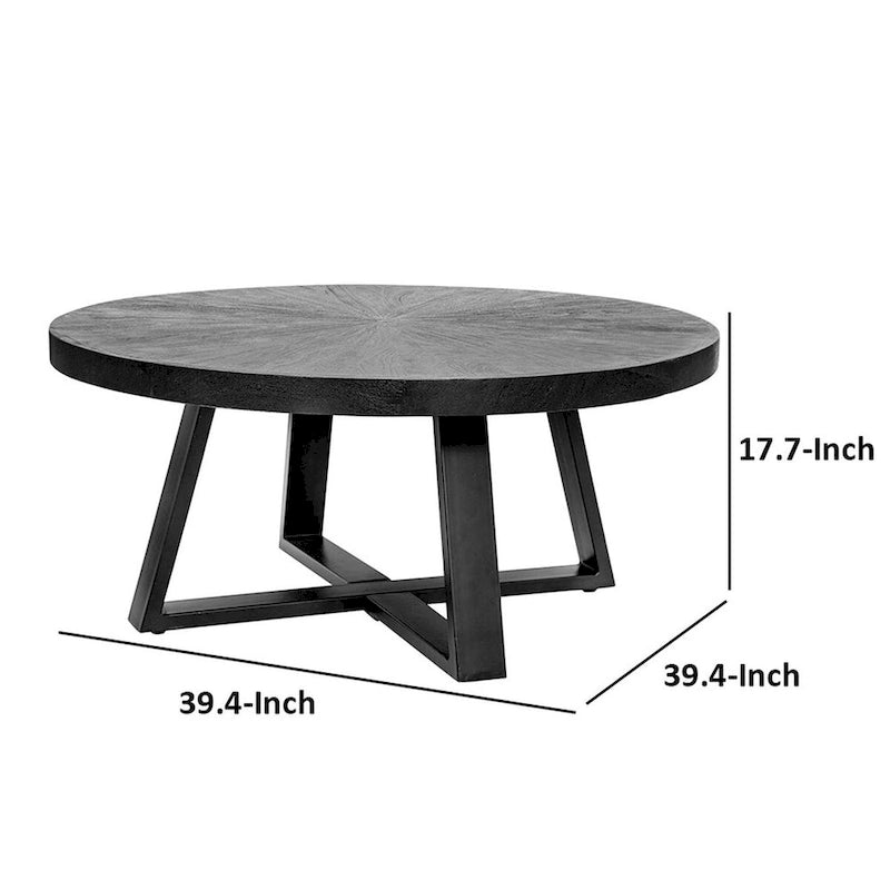 Black Round Coffee Table, Acacia Wood Top, Cross Legs
